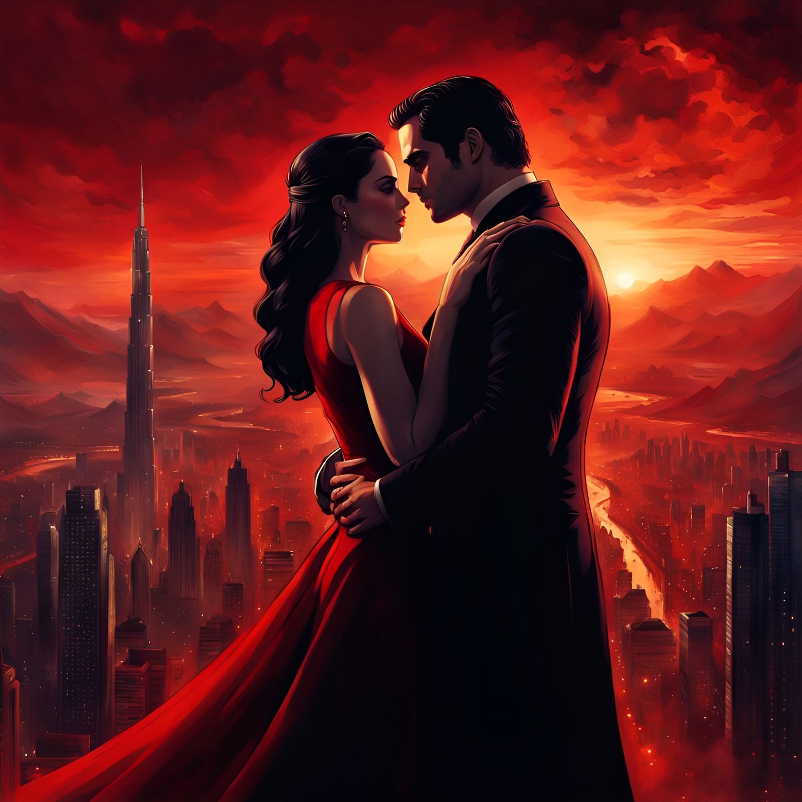 Dystopian City Sunset: Embrace at the End of Time