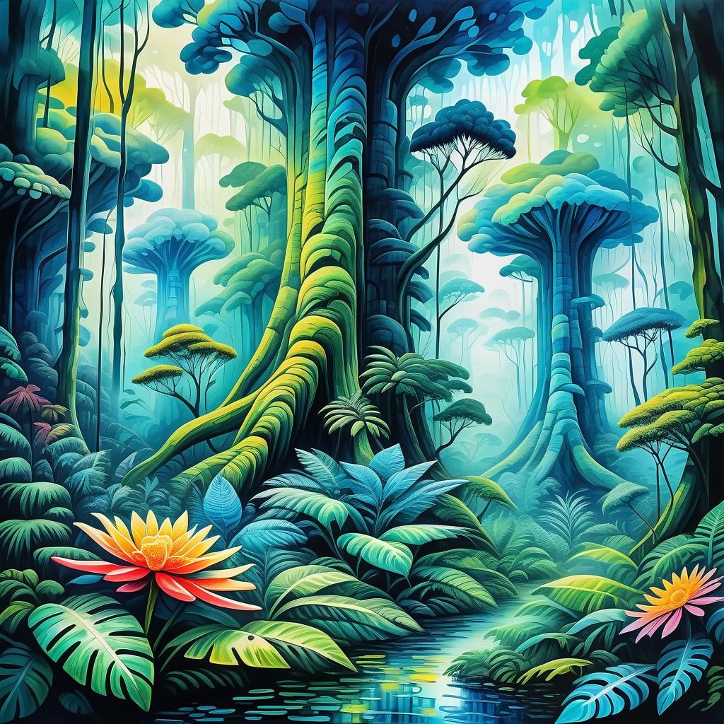 Lush Rainforest in Gouache Impressionist Style