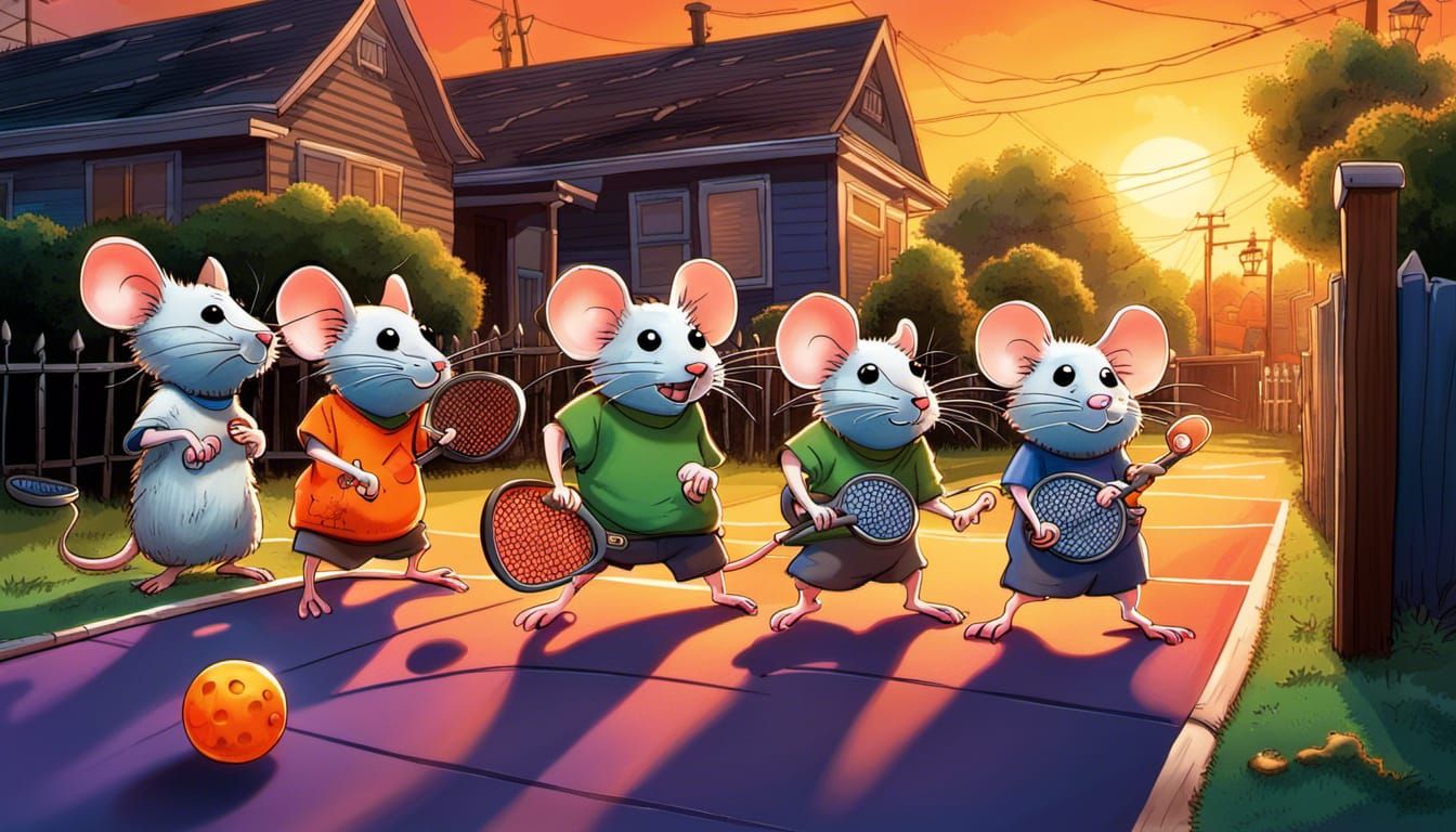 Mice Play Pickleball: Ghibli-Burton Style