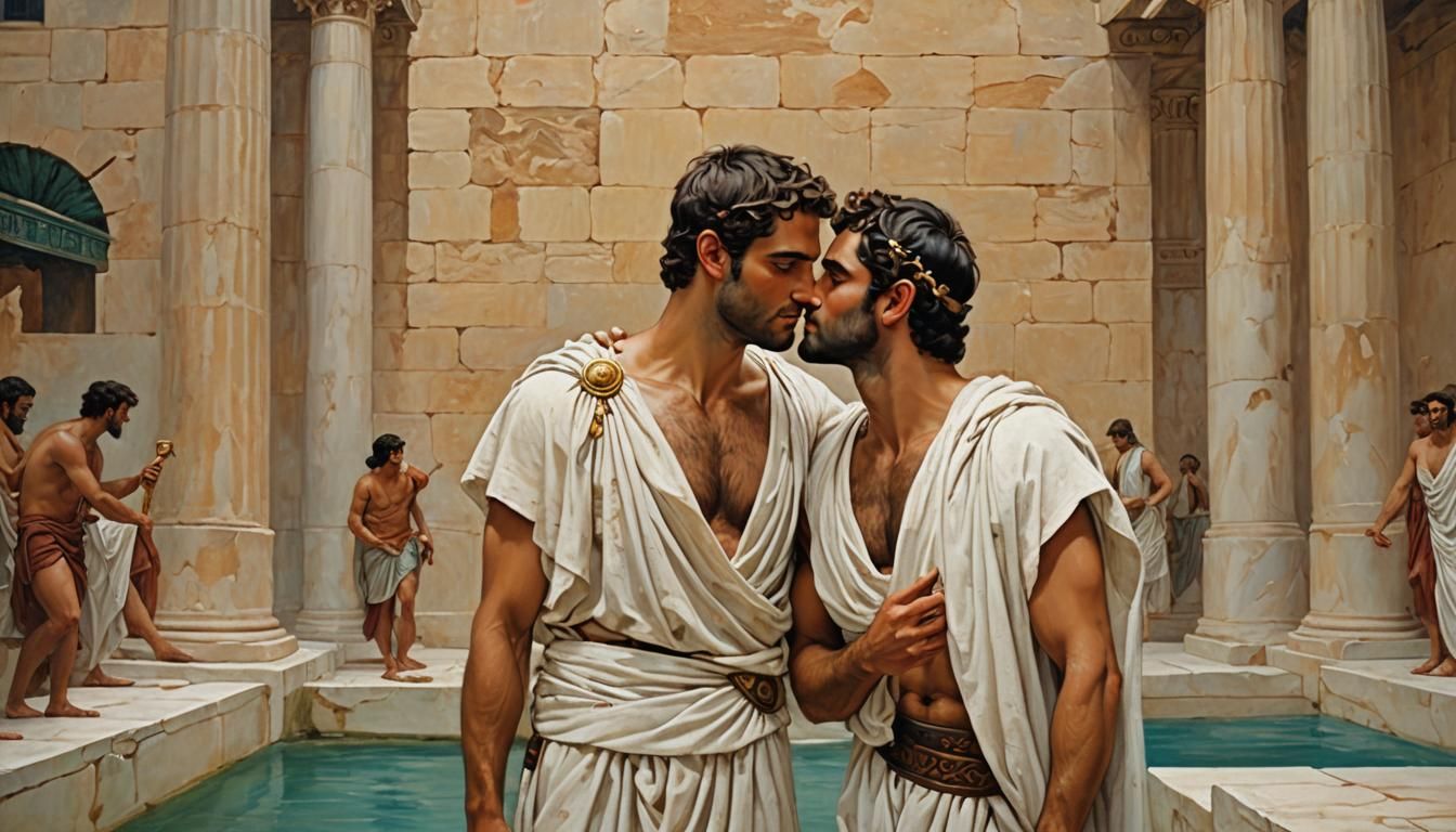 Ancient Greek Lovers Kissing in Oil Painting Style