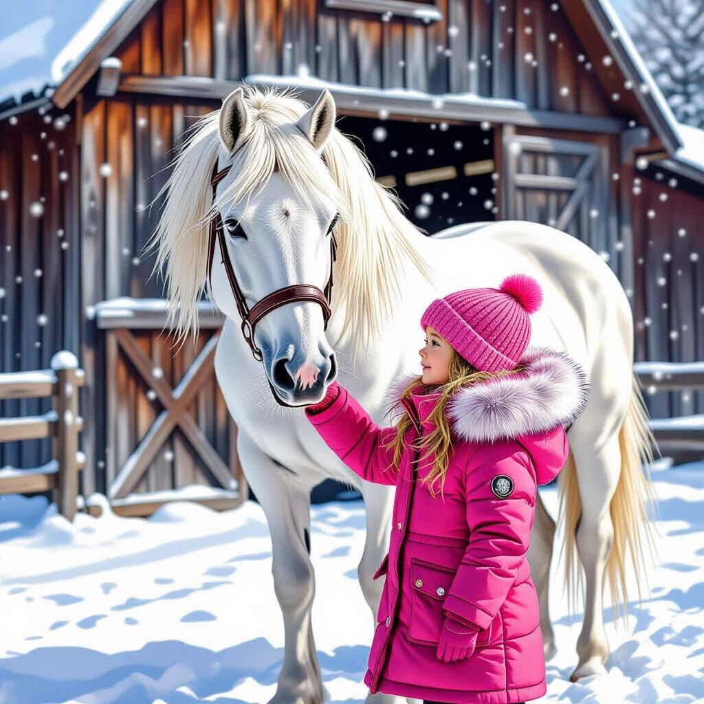 Girl Petting Horse in Winter, Comic Book Style