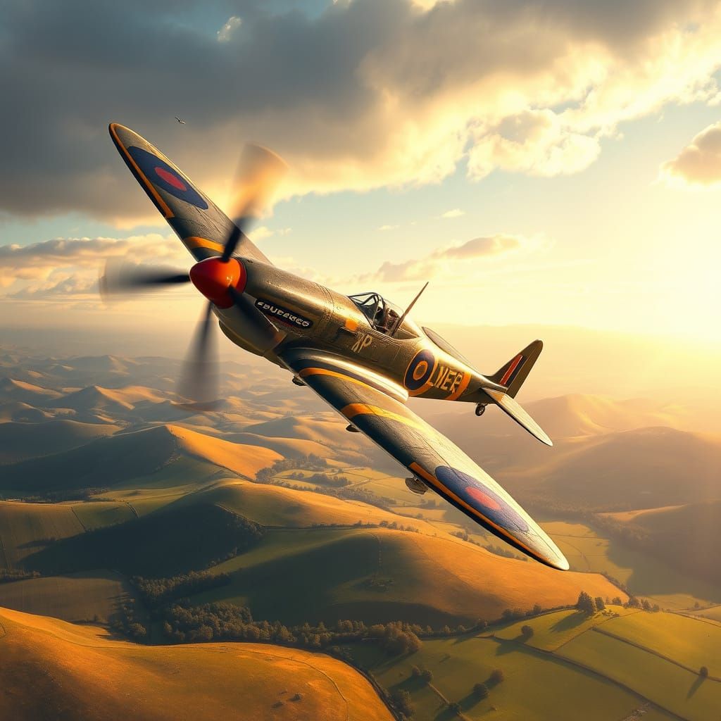 Spitfire Soars Over Verdant Countryside Landscape