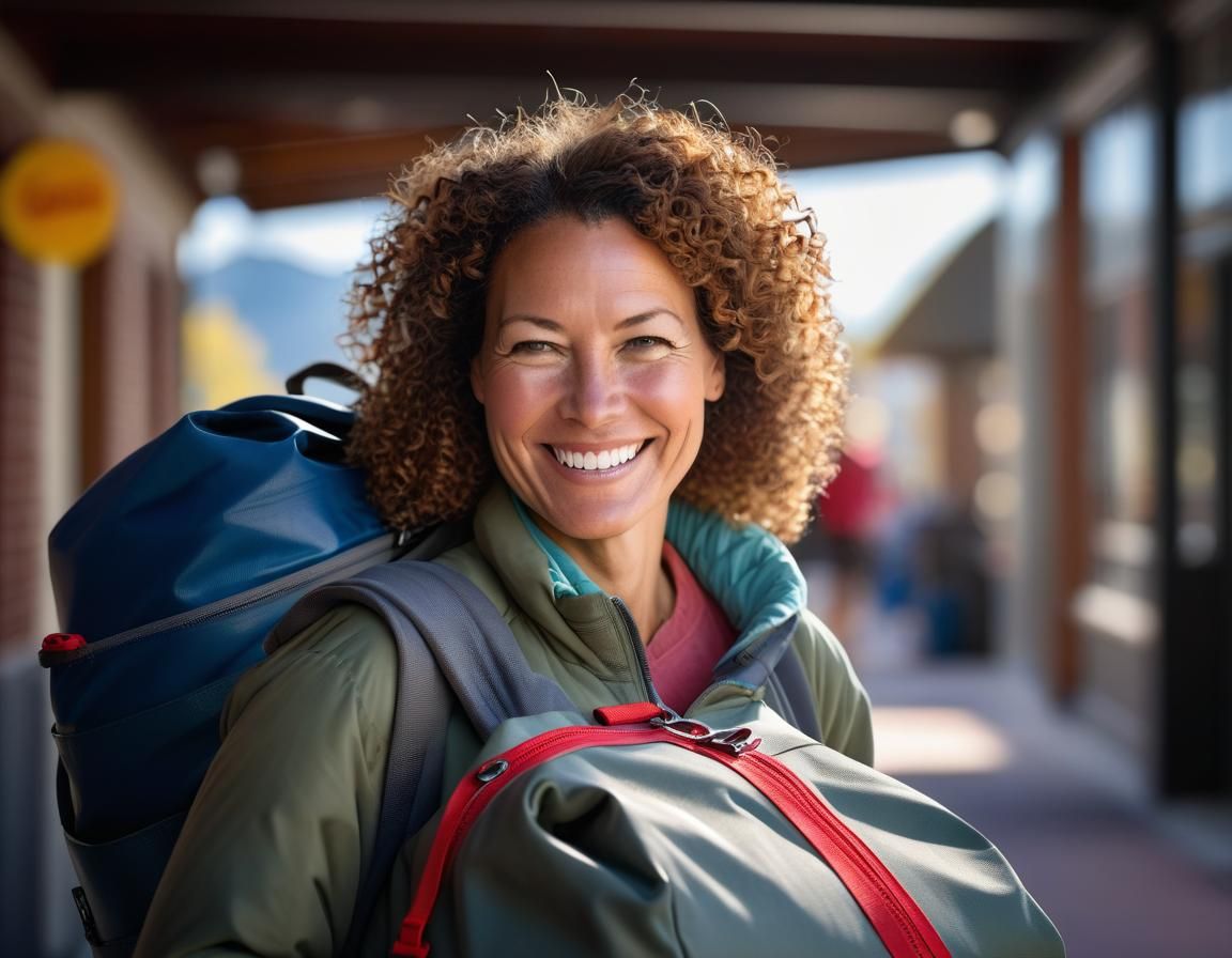 Woman in Duffel Bag, Sharp Focus 8k Photo