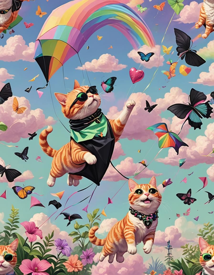 Smiling Cat Flies Kite in Pastel Rainbow Sky
