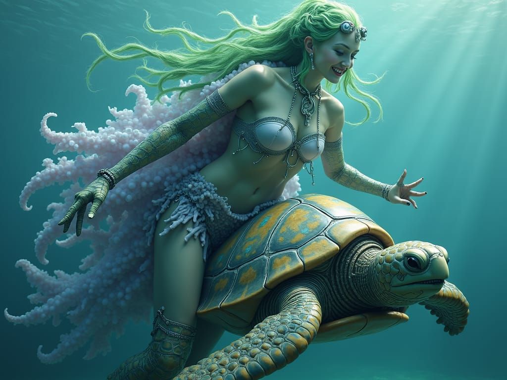 Giant Sea Woman and Steampunk Turtle