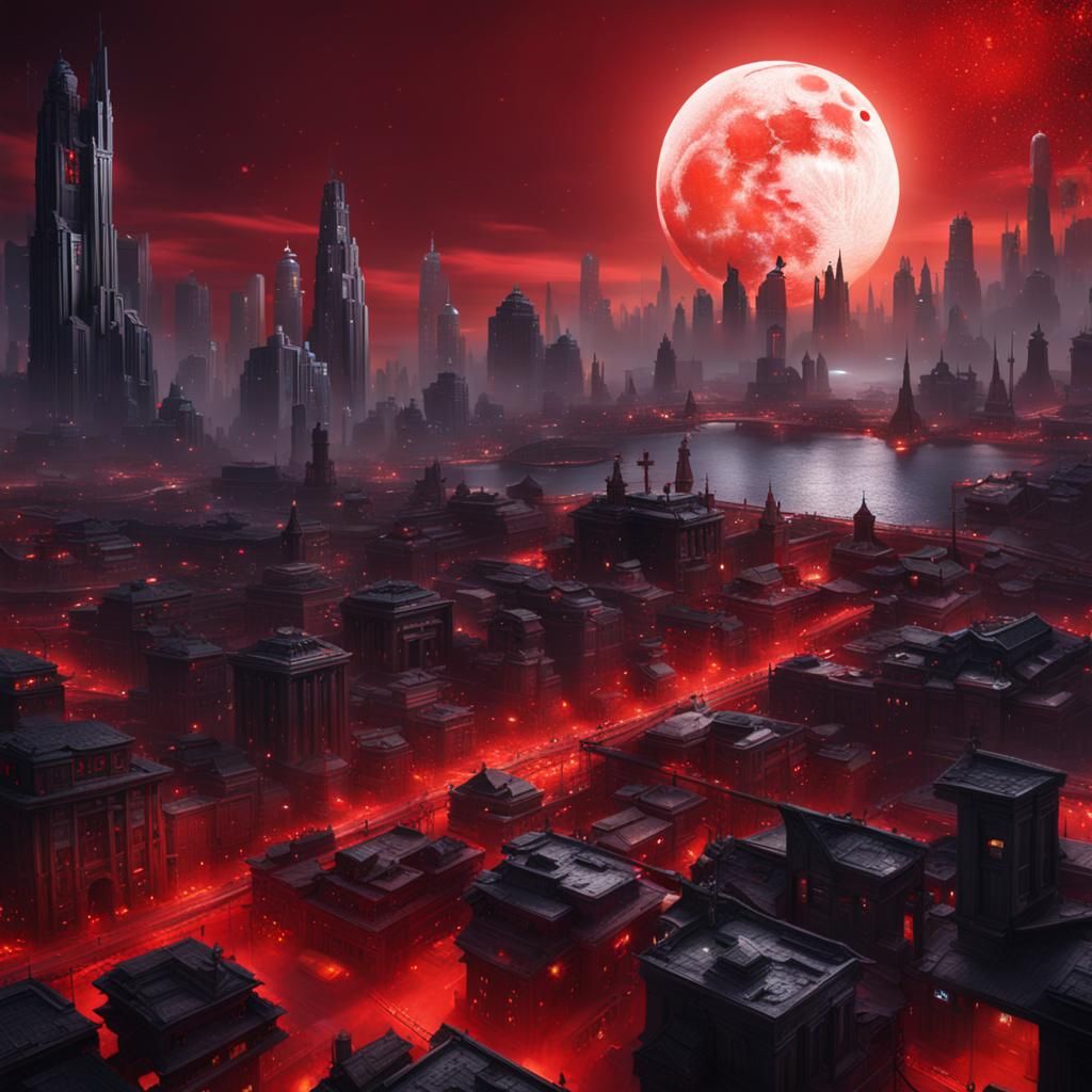 City Under Red Moon: Detailed Matte Painting