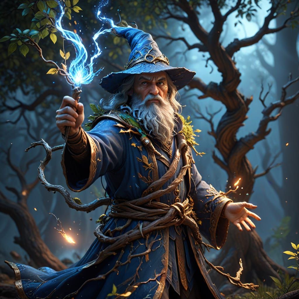 Ethereal Wizard Conjures Tree in Unreal Engine 5 Style