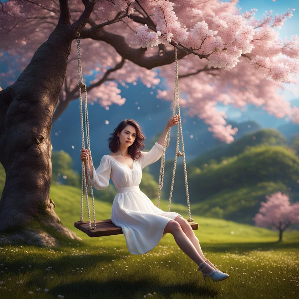 Woman on a Swing Under Cherry Blossoms