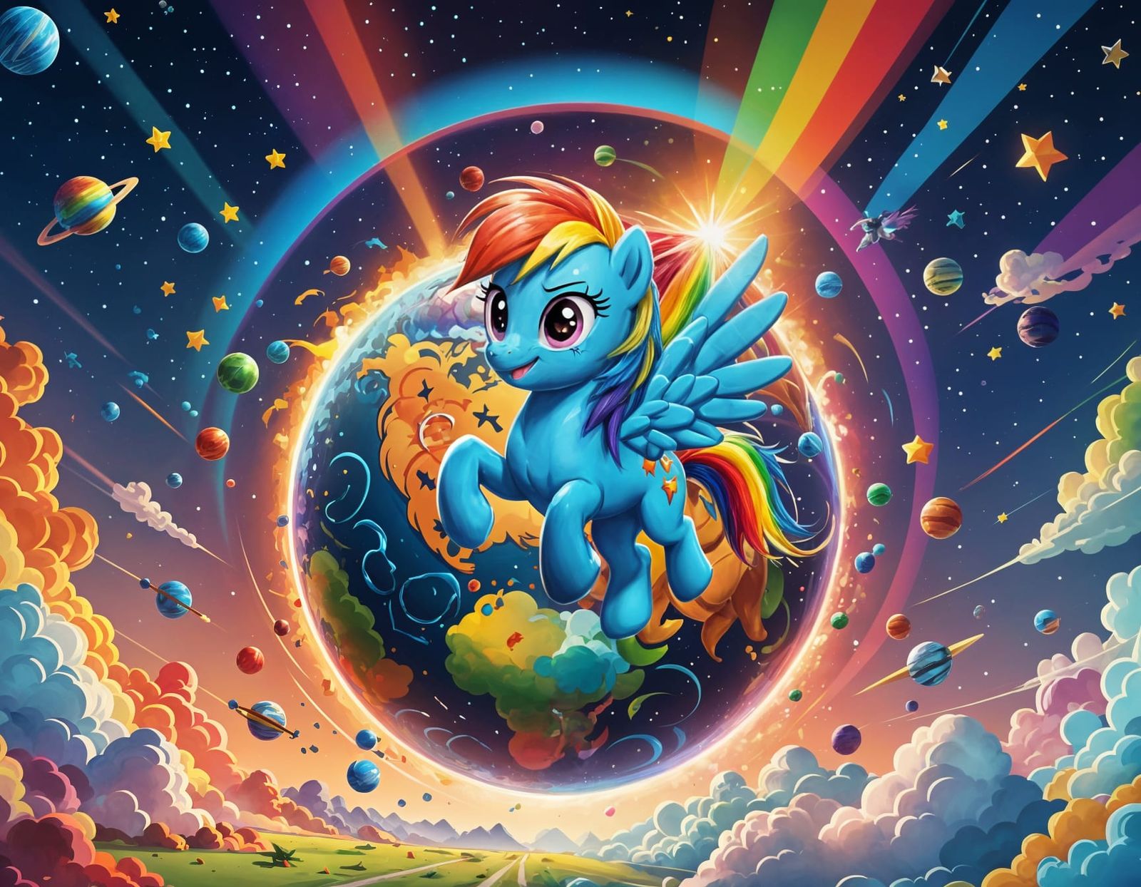 Rainbow Dash Rides Earth: 3D Digital Art