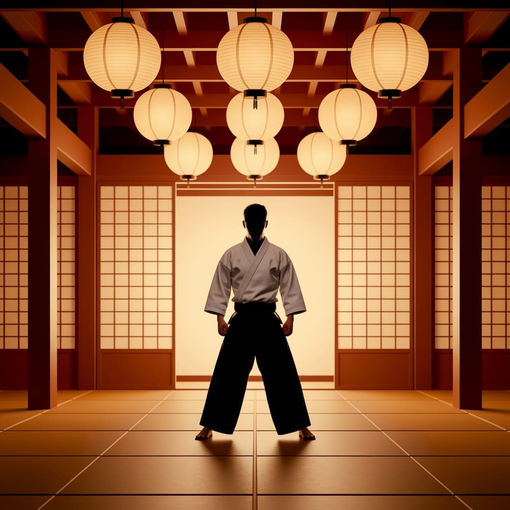 Stylized Dojo Scene with Figure in Zenkutsu Dachi