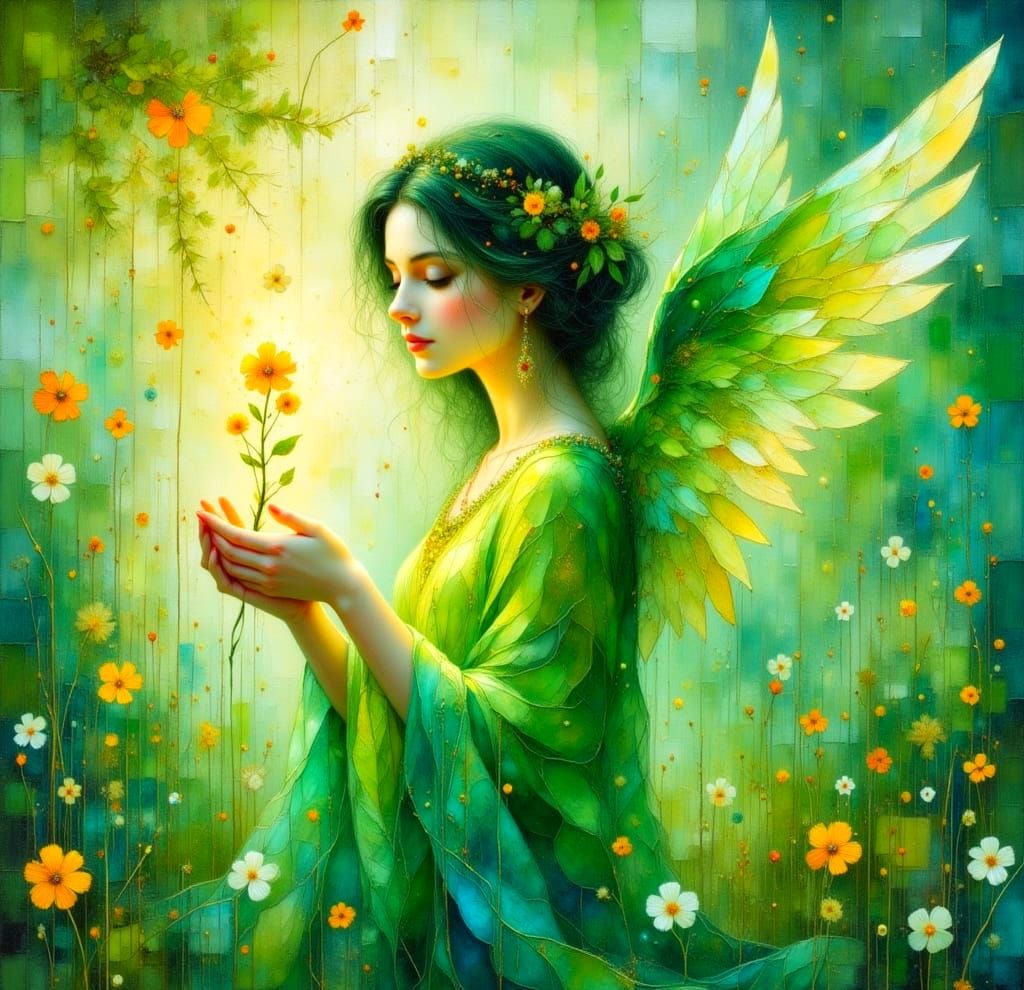 Sublime Green Angel in a Whimsical Watercolour Landscape