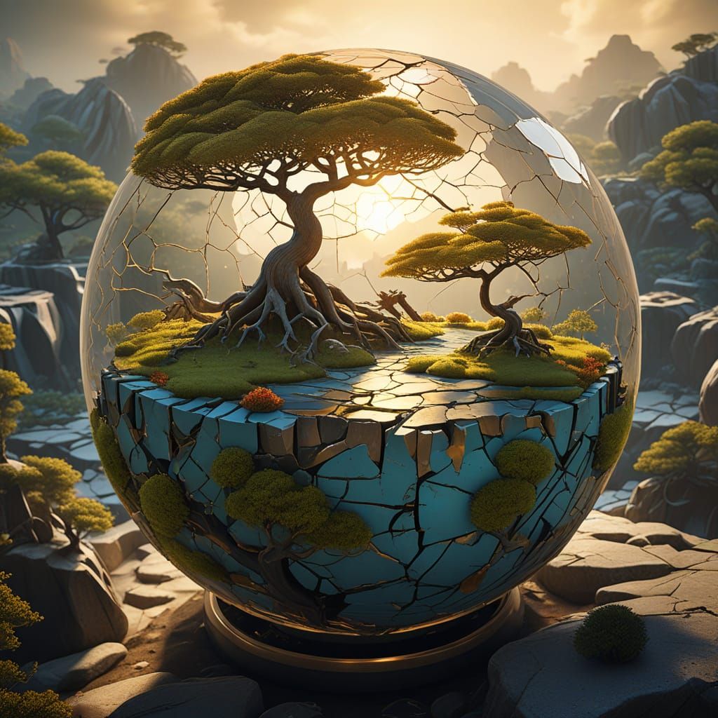 Magical World Inside Cracked Sphere: Surreal Aerial View