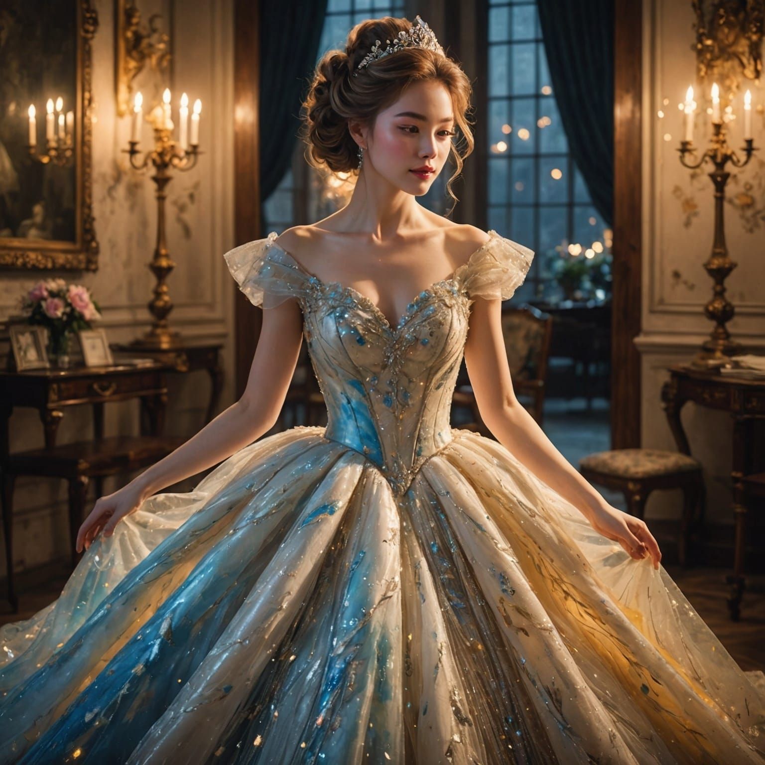 Lady in Glowing Gown with Celestial Hair, Watercolor