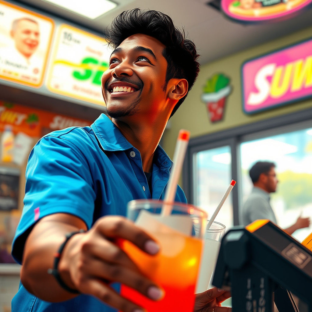 Trevor Buys Soda at Subway in Hyperrealistic Style