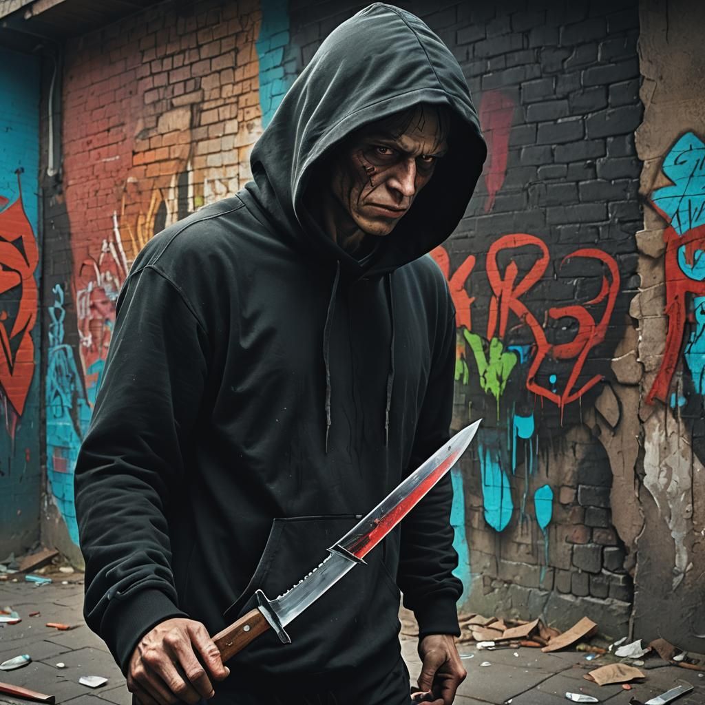 Dramatic Killer Stabbing with Graffiti Background