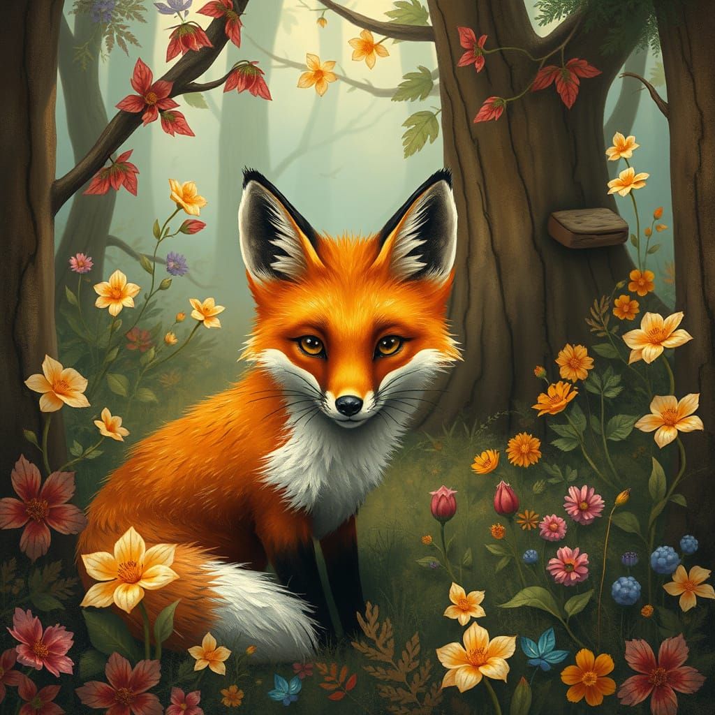 Fox in Whimsical Forest, Fantastical Art