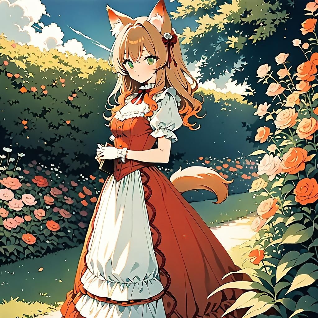Anime Kemonomimi Lady in Victorian Garden