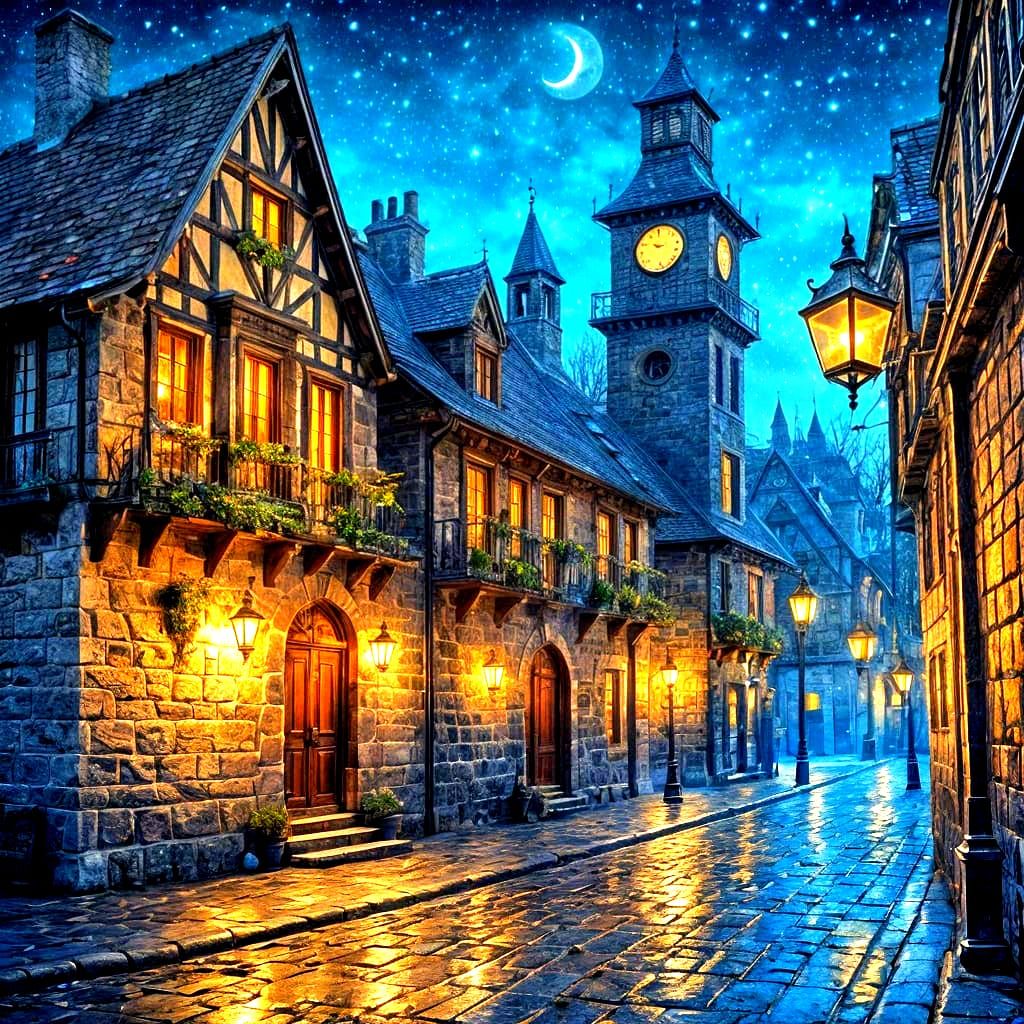 Magical Medieval Street at Night with Glowing Lanterns