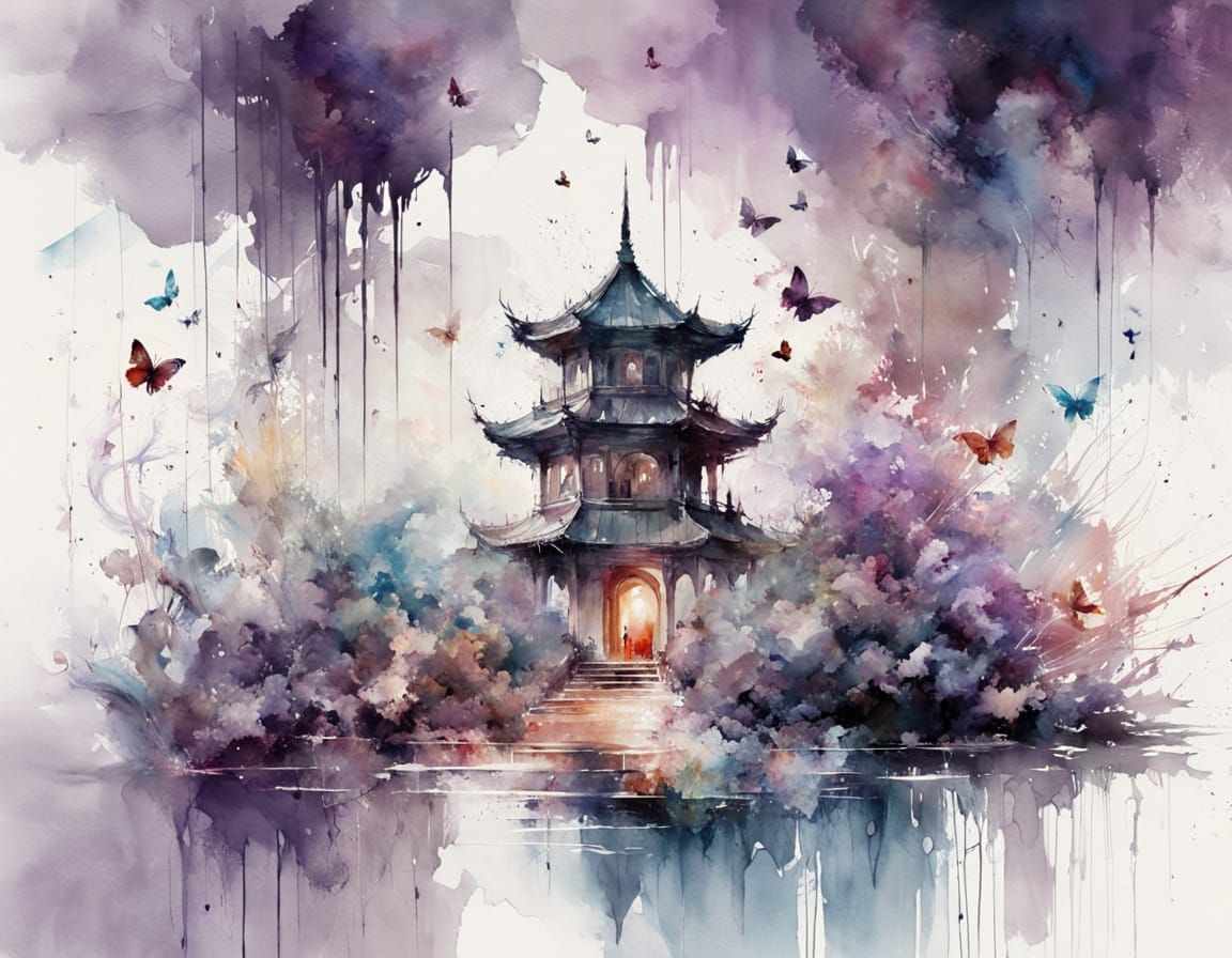 Watercolor Pagoda Art with Butterflies and Lotus