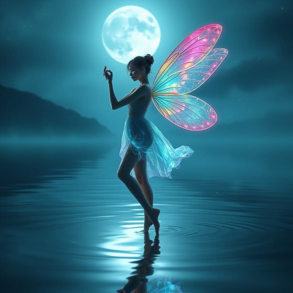 Neon Fairy Dancing on a Moonlit Lake