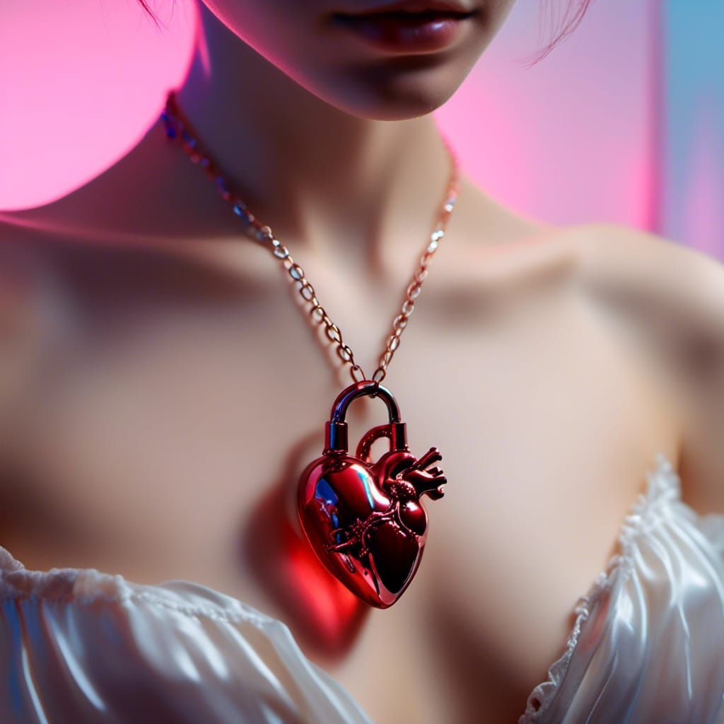 A tiny delicate Anatomical Necklace, Realistic Human Heart lock Pendant, glass see through blood red, shiny, reflective ...