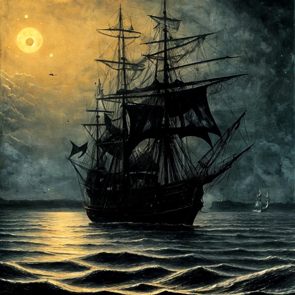 Surreal Pirate Galleon Under the Moon, Dark Art