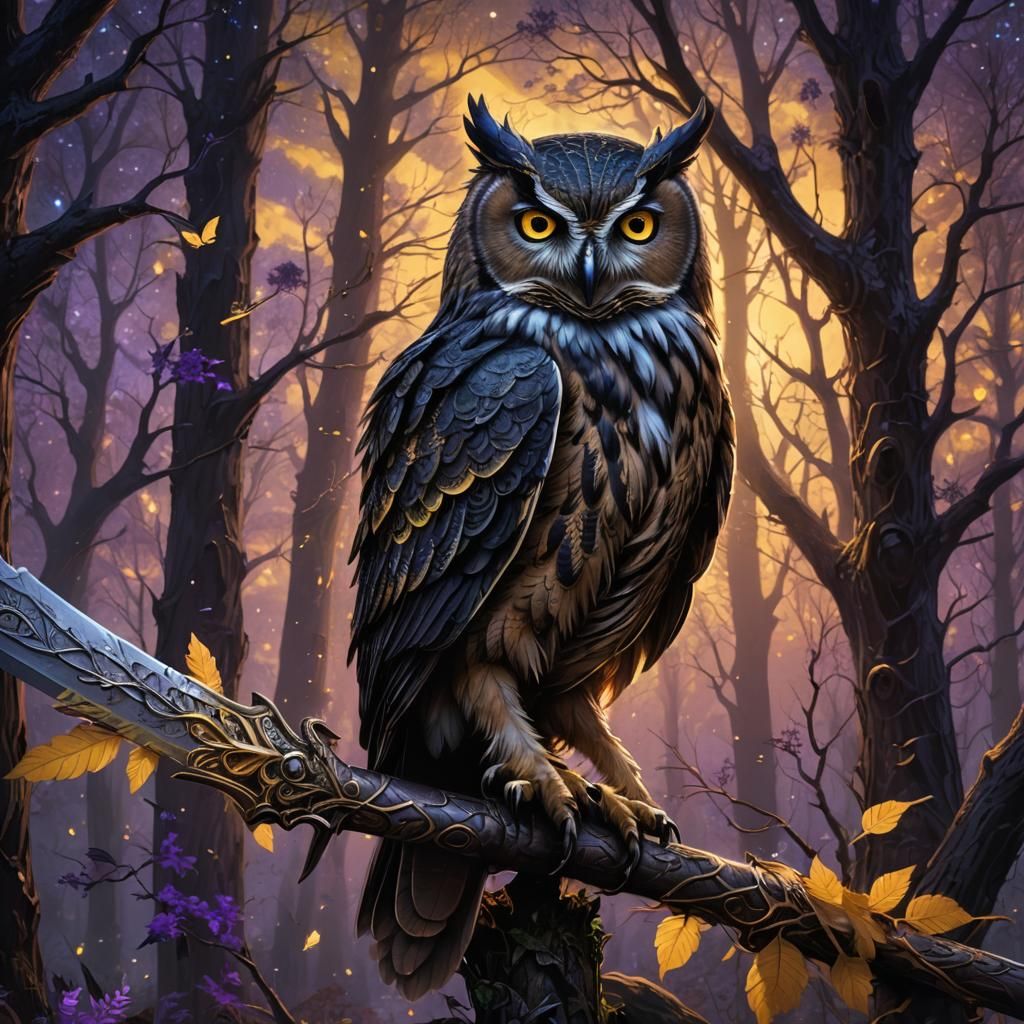 Mystical Owl on Sword in Dark Fantasy Forest