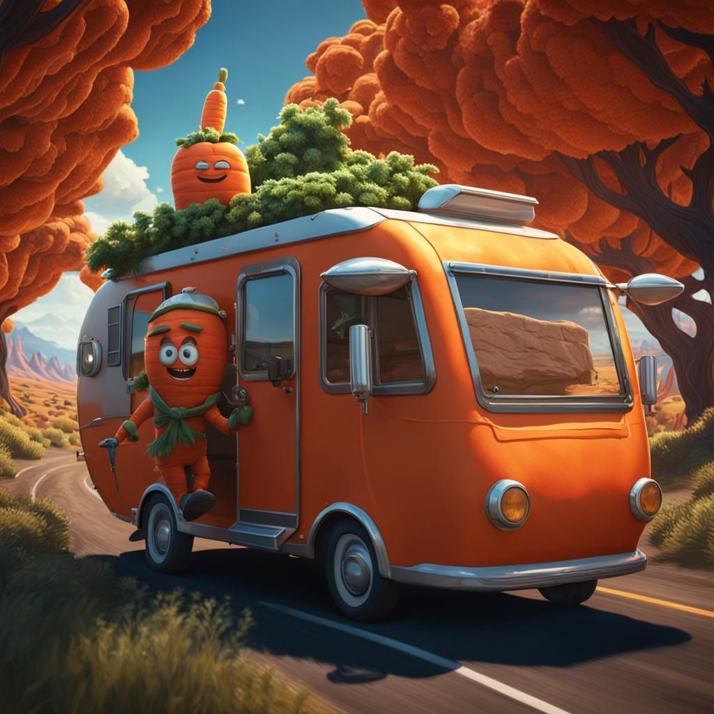 Carrot Person Driving RV: Detailed Matte Painting
