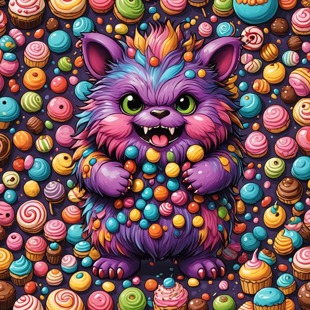 Chibi Monster Steals Sweets in Pop Art Style