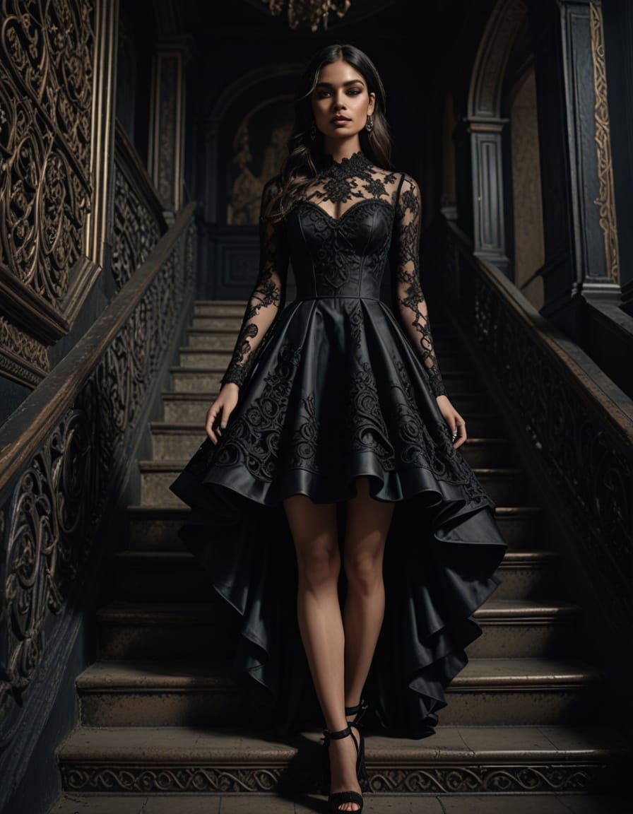 Gothic Fashion Model Posing on Stairs in Dramatic Lighting