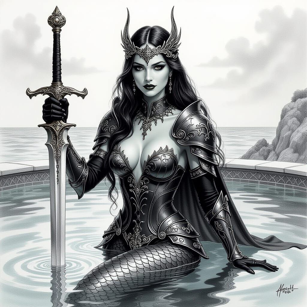 Armored Mermaid Holds Sword to Vampire Knight in Charcoal Dr...