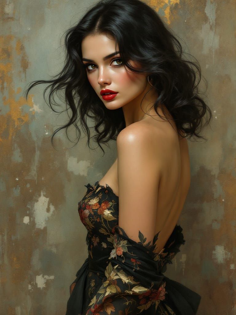 1950s Pin-Up Woman with Bold Gaze in Atmospheric Style