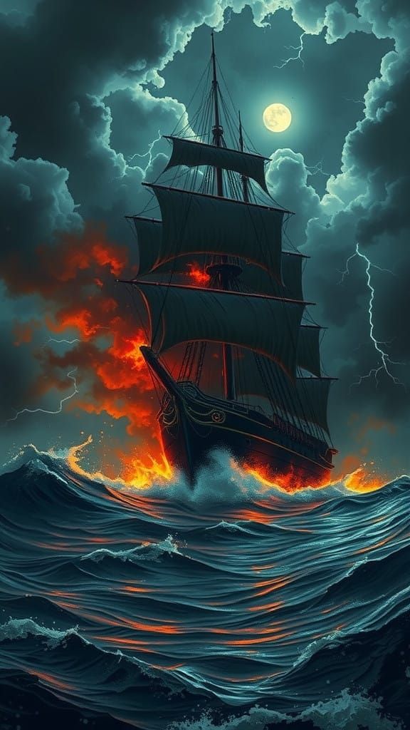 Dramatic Stormy Night Sailing Ship in Flames, Epic Maritime ...