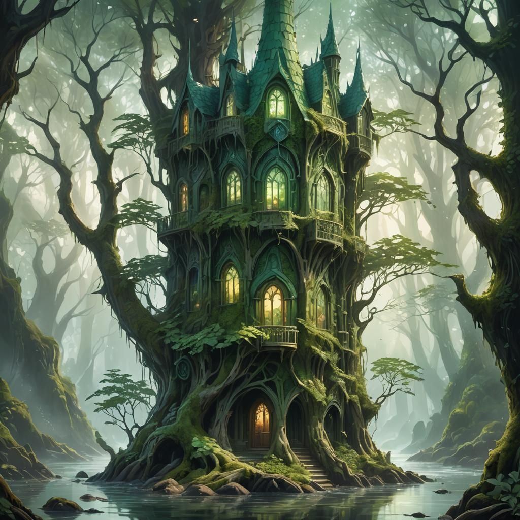 Green Bark and Leaf Tower with Crystal Windows