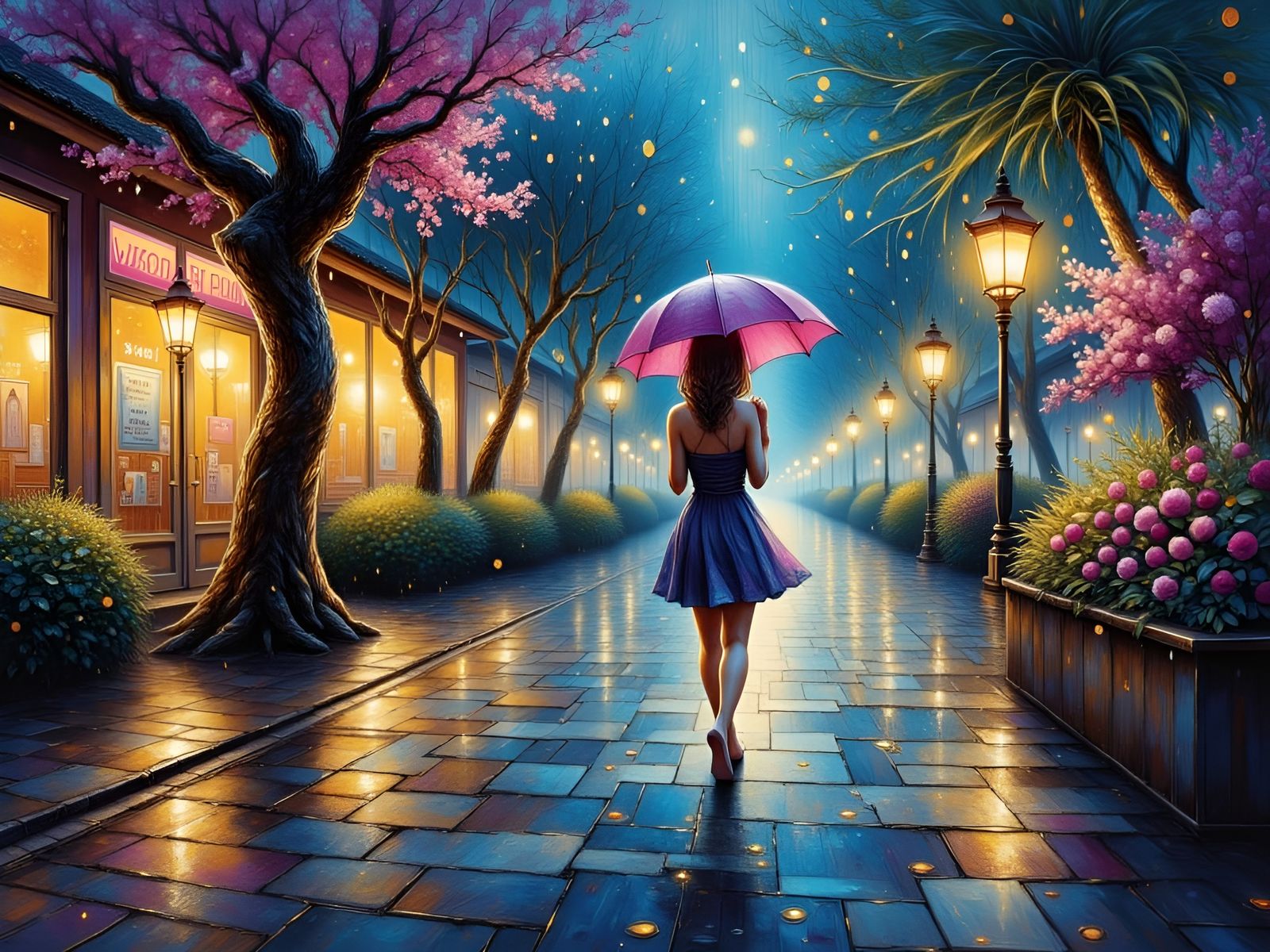 Rainy Night Street Scene as Oil Painting