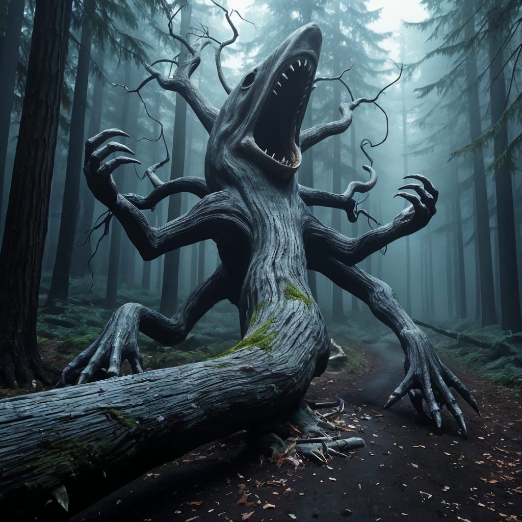 Eerie Fallen Tree in Misty Forest