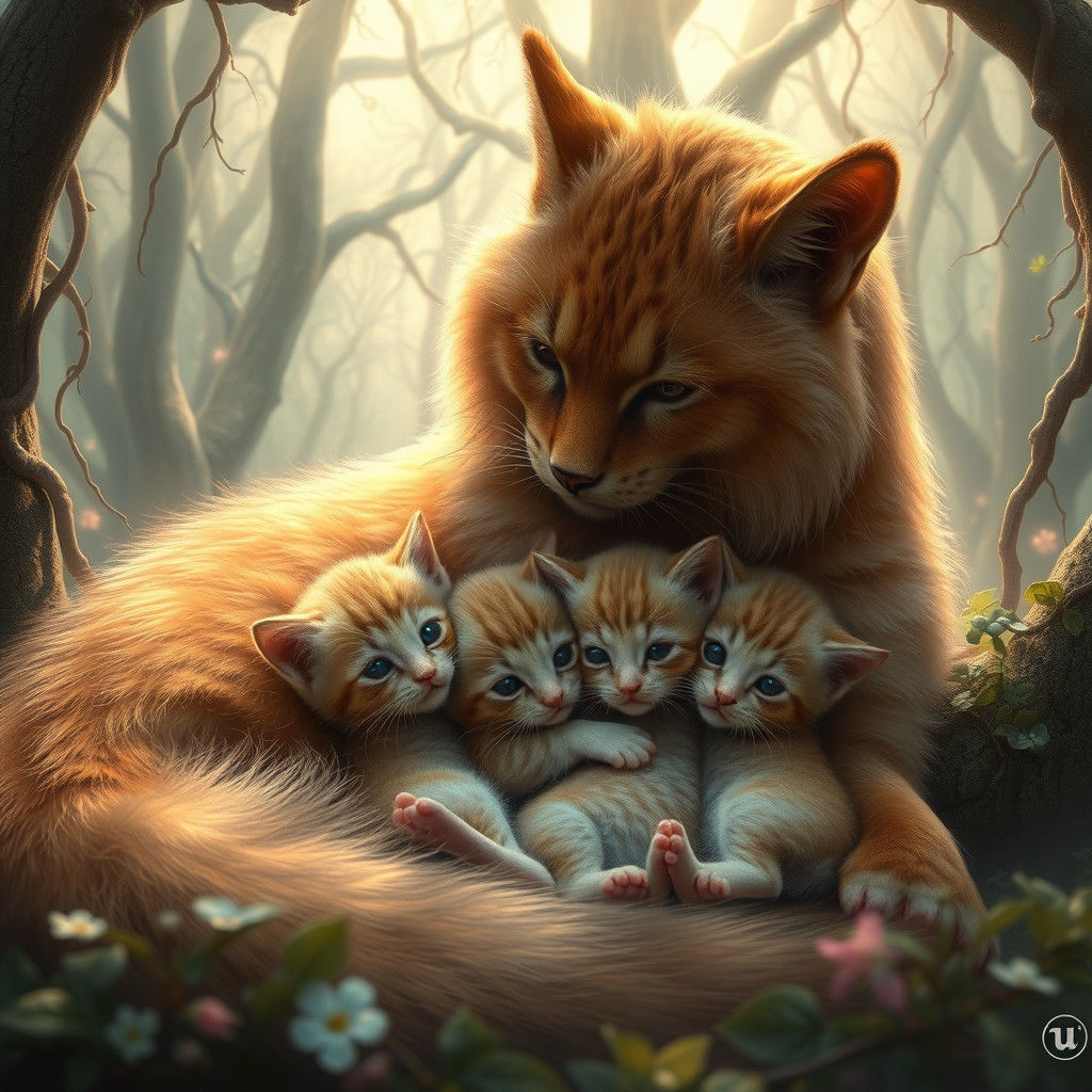 Kittens Snuggle Mother in Mystical Forest
