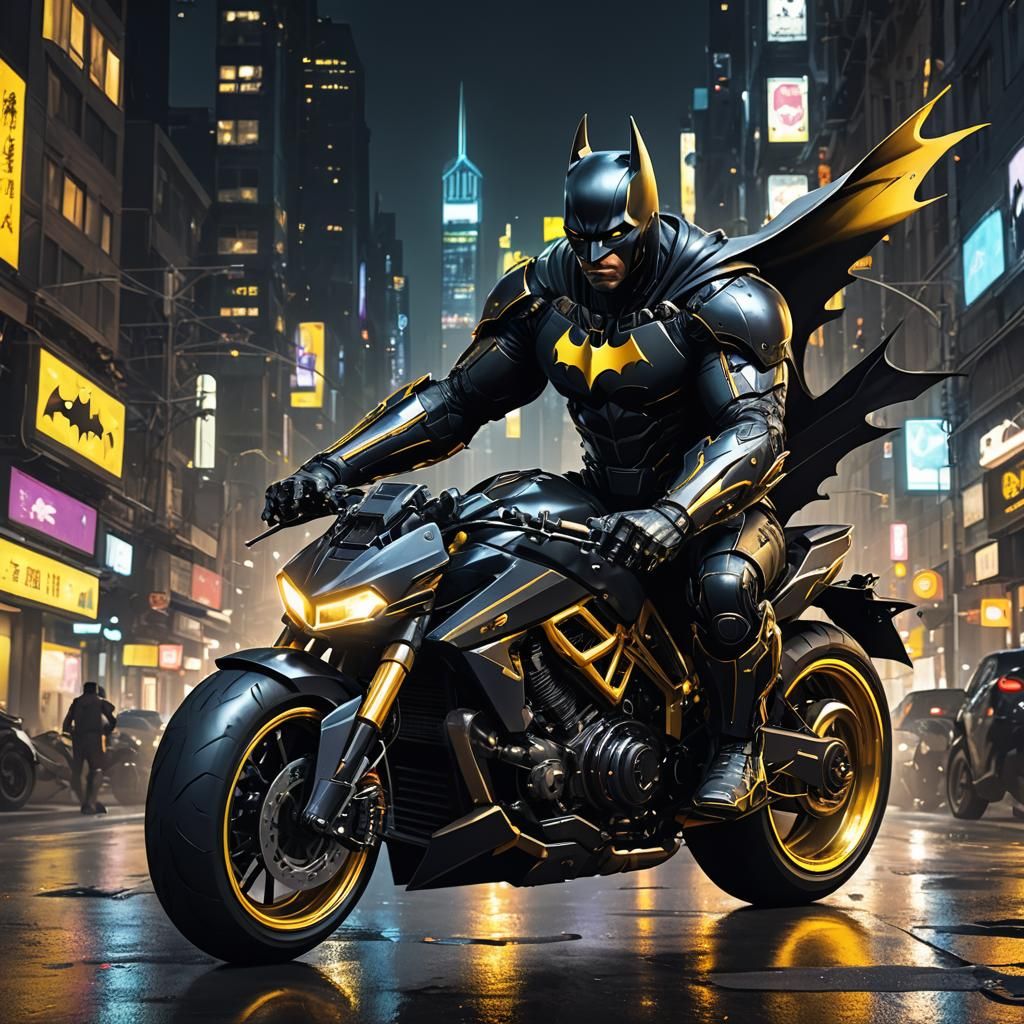 Futuristic Black Batman on Neon Batcycle