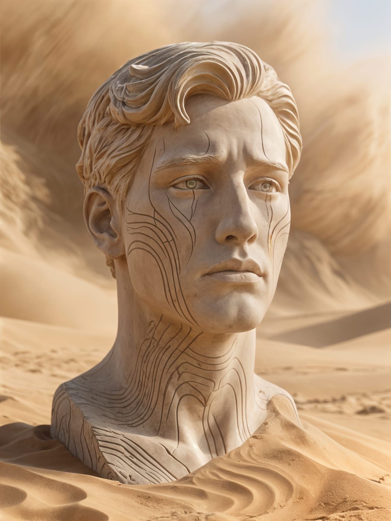 Sandstone Sculpture of a Handsome Man in Desert