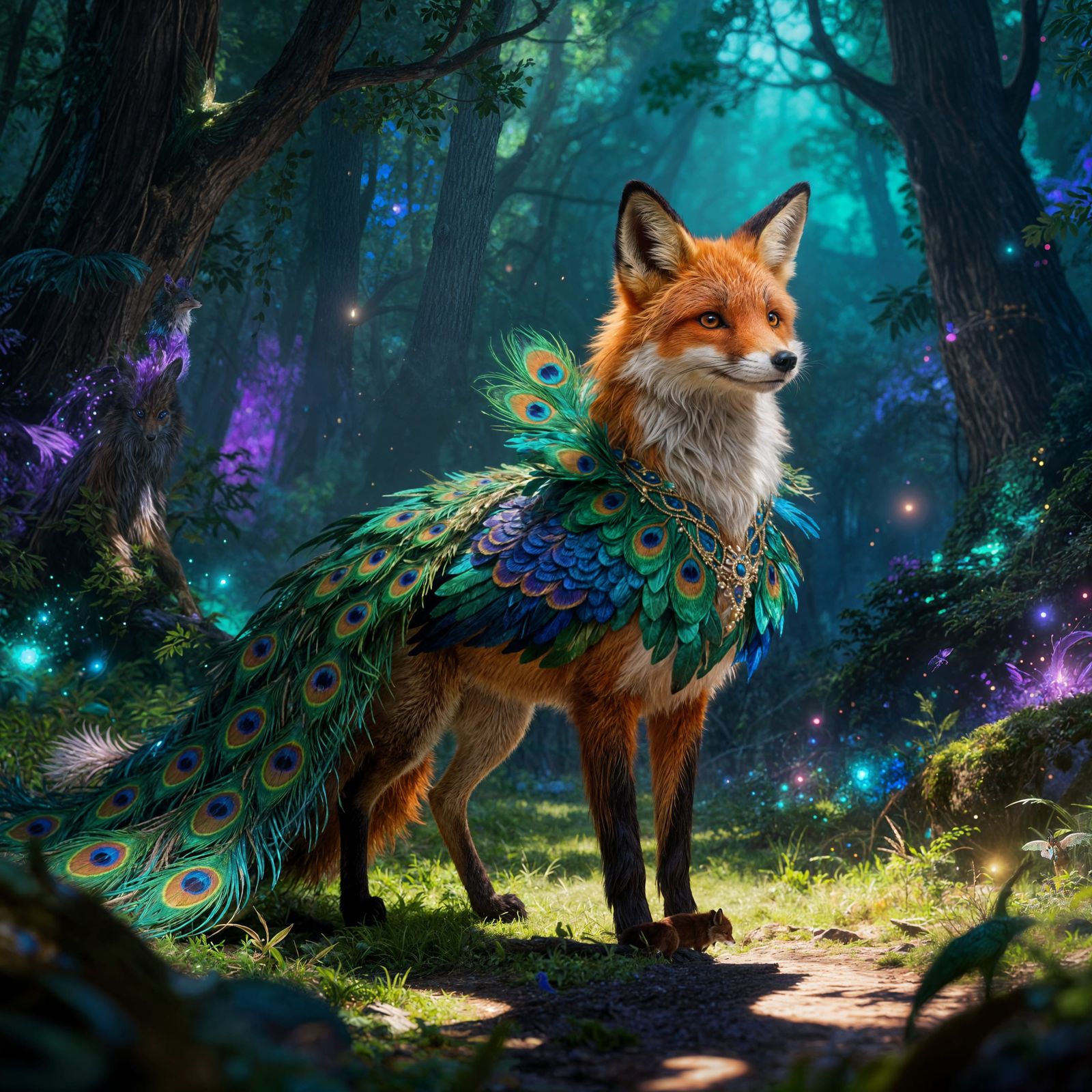 Clever Fox in Peacock Costume in Magical Forest