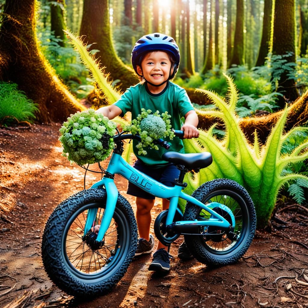 Child Holding Earth Sphere Beside eBike in Paradise