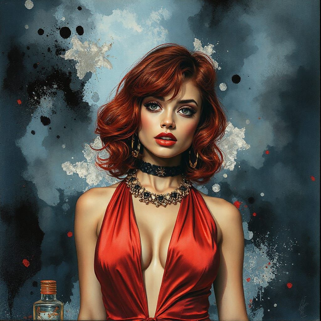 Redhead Pin-Up Woman in Red Dress, Moody Watercolor Style