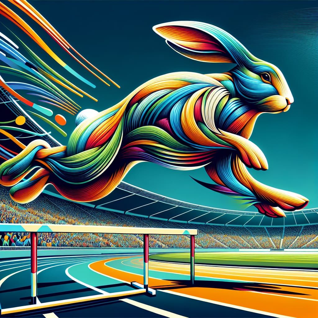 Rabbit Jumping Hurdle in Olympic Stadium, Abstract Style