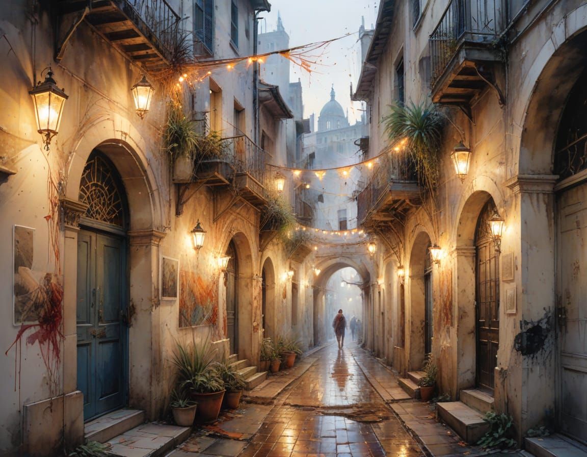 Ancient City Alleyway at Dusk in Watercolor Style