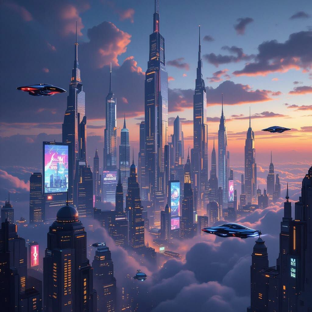 Futuristic City Skyline at Dusk in Photorealistic Style