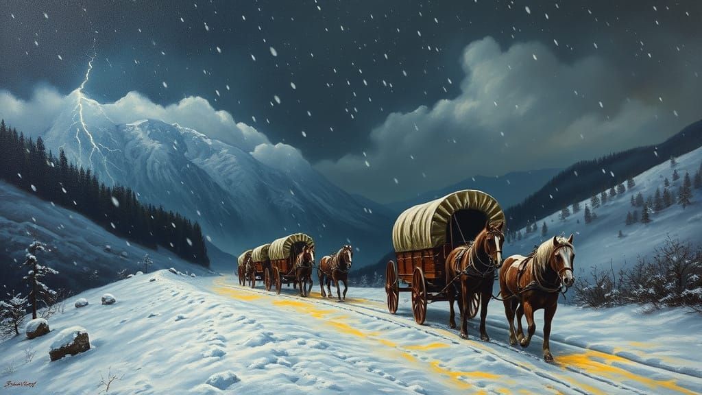Vintage Wagon Train Navigates Snowy Mountain Pass in Storm