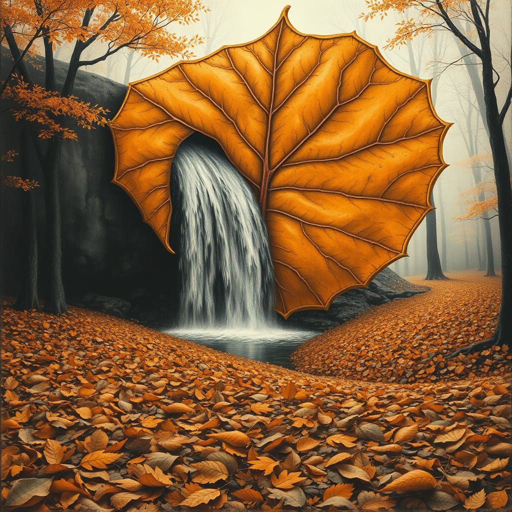 Surreal Autumn Waterfall of Orange Leaves in Charcoal Style