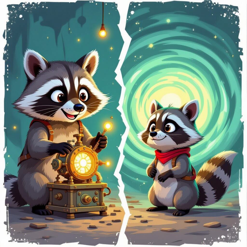Raccoon's Time Travel Adventure in Cartoon Style