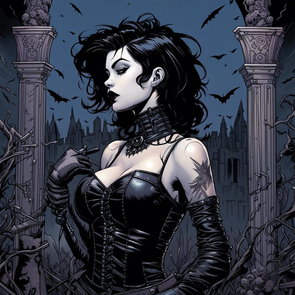 Monochrome Goth Woman in Graveyard, Comic Book Art