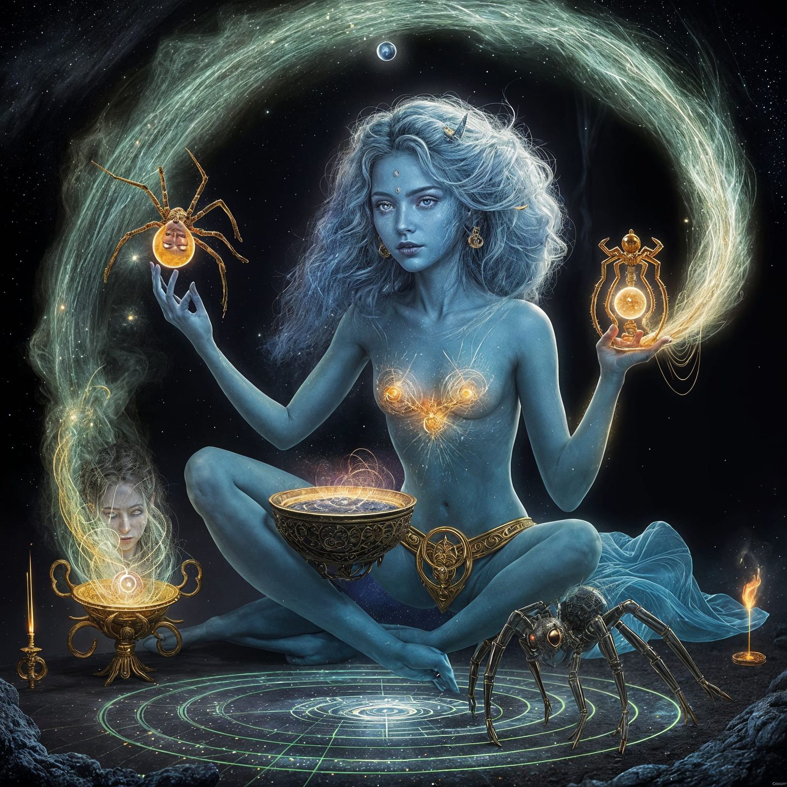 Goddess And Her Spider Practicing Magic Spells